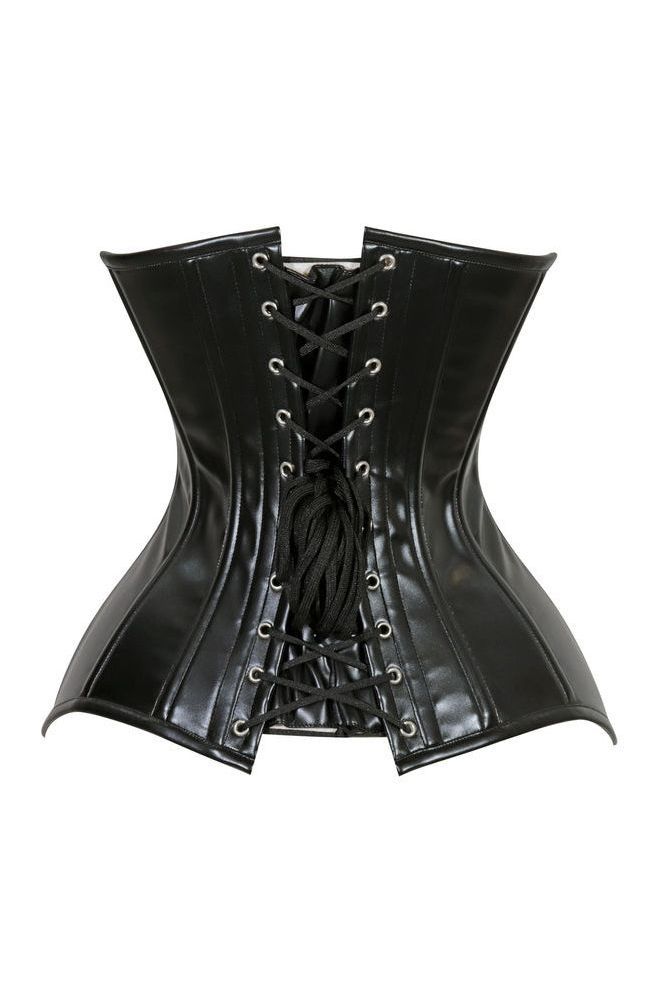Lavish Black Wet Look Faux Leather Overbust Corset Sweetheart Neckline Busk Closure