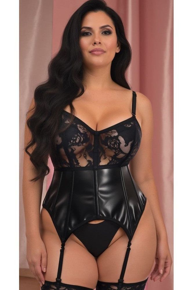 Lavish Black Wet Look & Lace Bustier Corset w/Garters