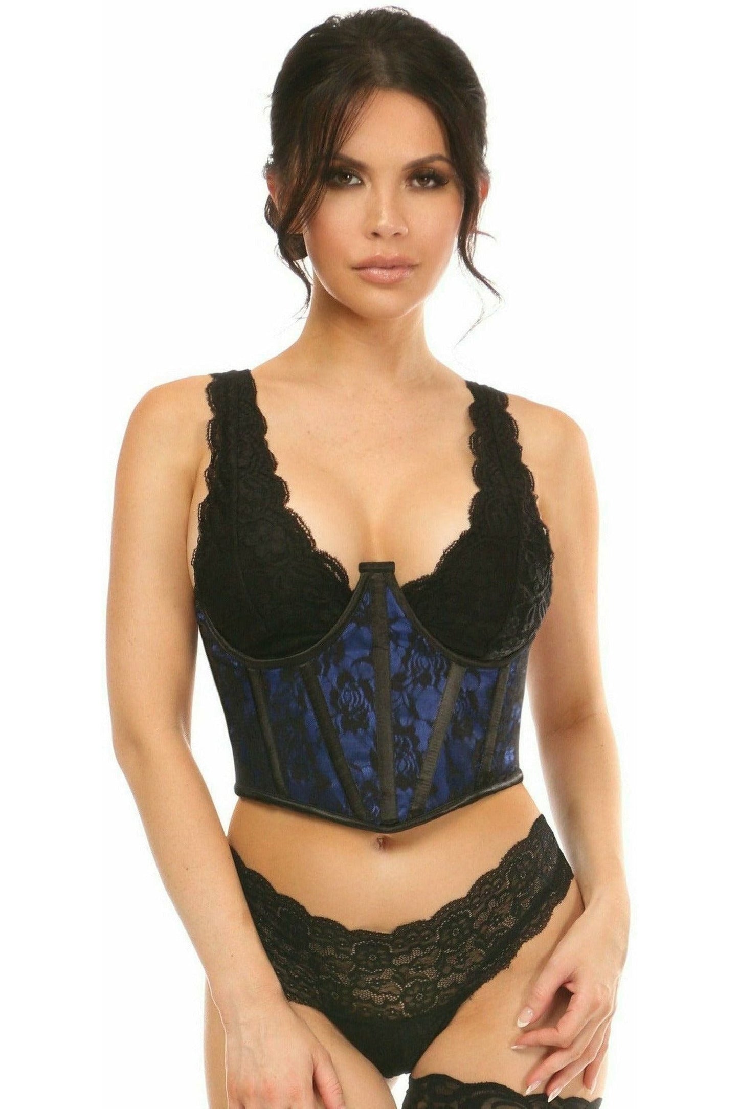 Lavish Blue w/Black Lace Overlay Open Cup Waist Cincher