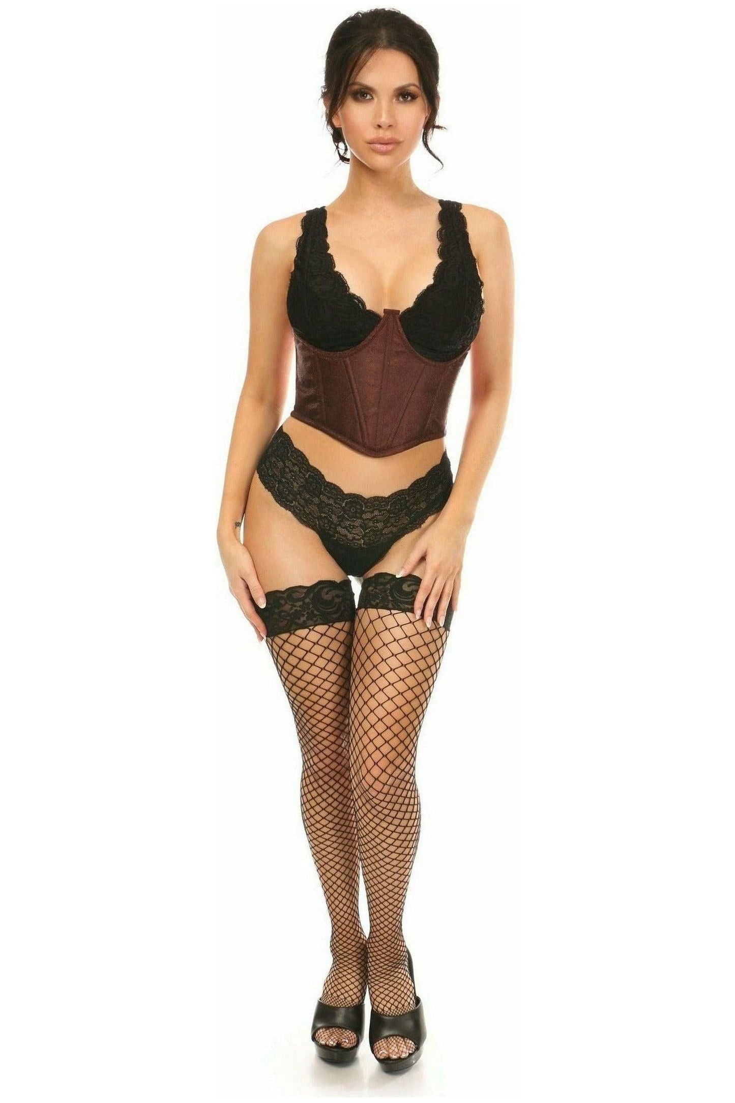 Lavish Dark Brown Brocade Open Cup Waist Cincher