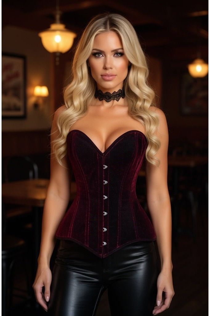 Lavish Dark Red Velvet Overbust Corset Sweetheart Neckline Busk Closure