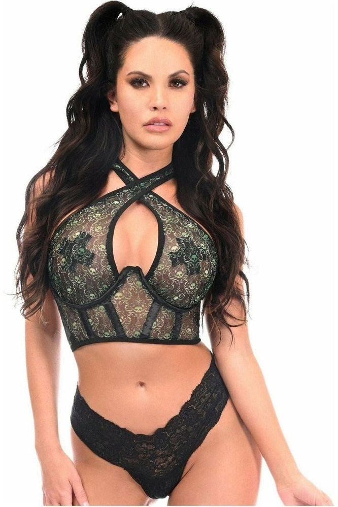 Lavish Green Skulls Print Mesh Underwire Cincher w/Built In Halter Top
