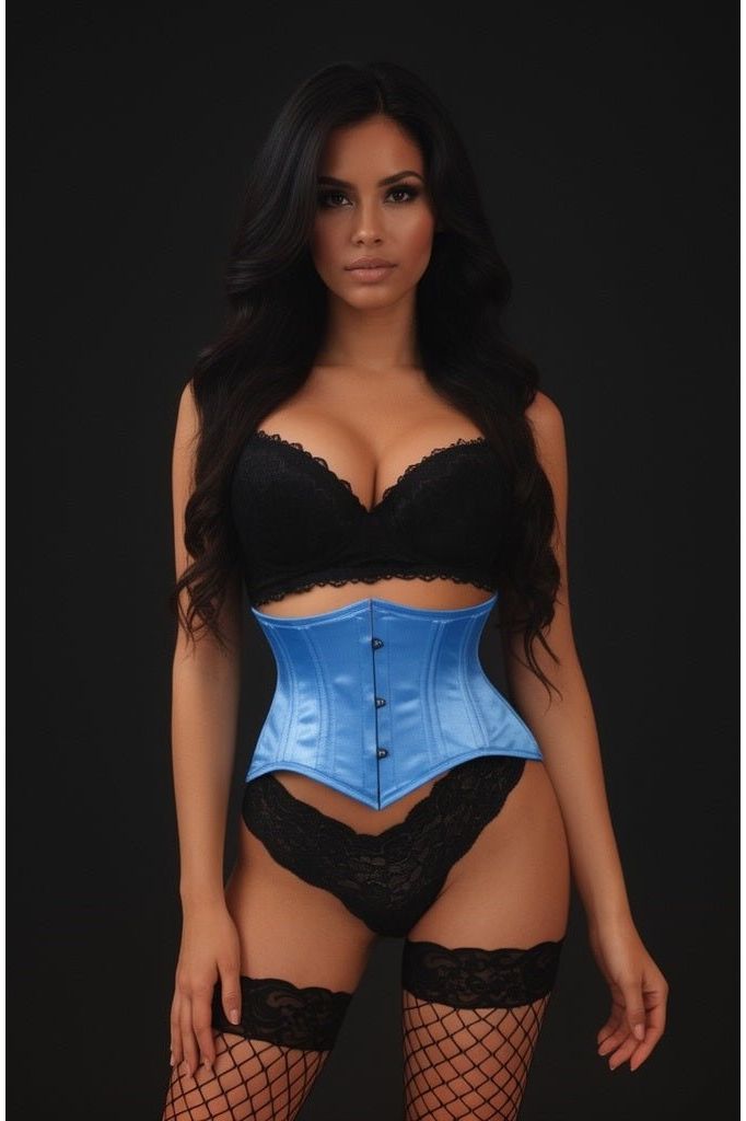 Lavish Lt Blue Satin Mini Cincher Underbust Corset Waist Cincher Busk Closure