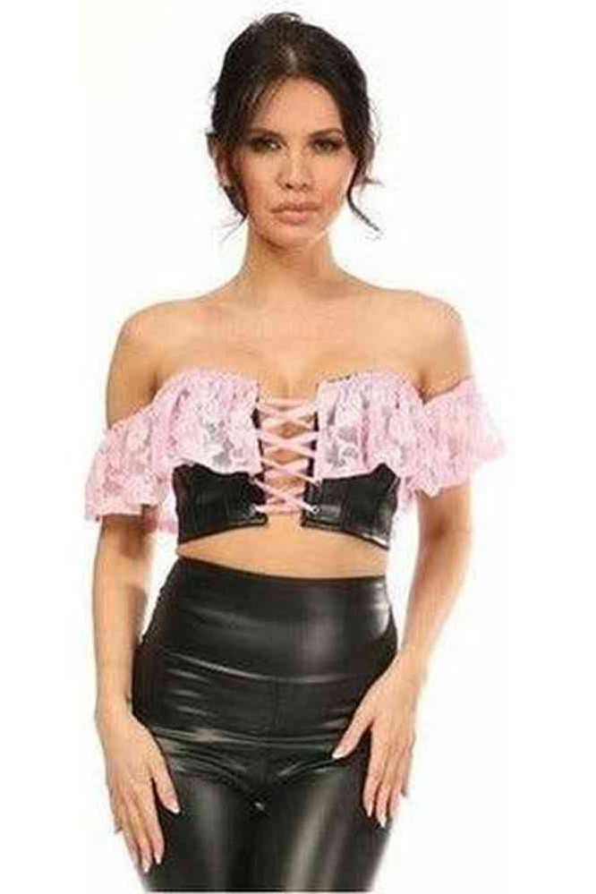 Lavish Lt Pink Lace & Faux Leather Bustier Top