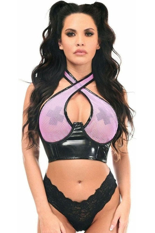 Lavish Lt Pink/Black Vinyl & Fishnet Halter Top Underwire Cincher