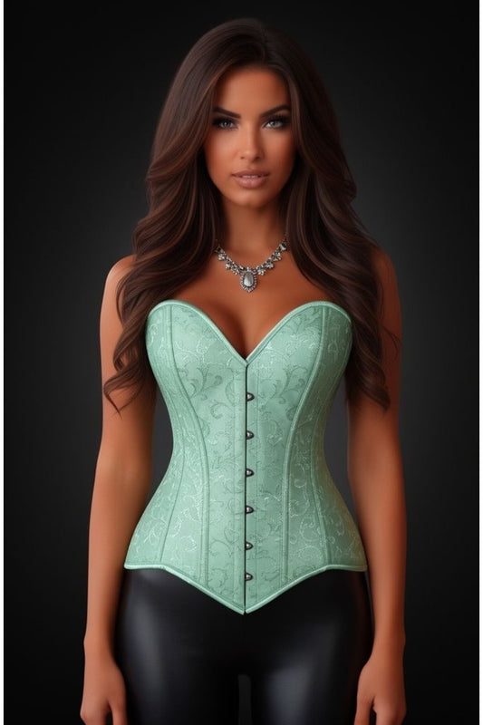 Lavish Mint Green Brocade Overbust Corset W/Busk Closure