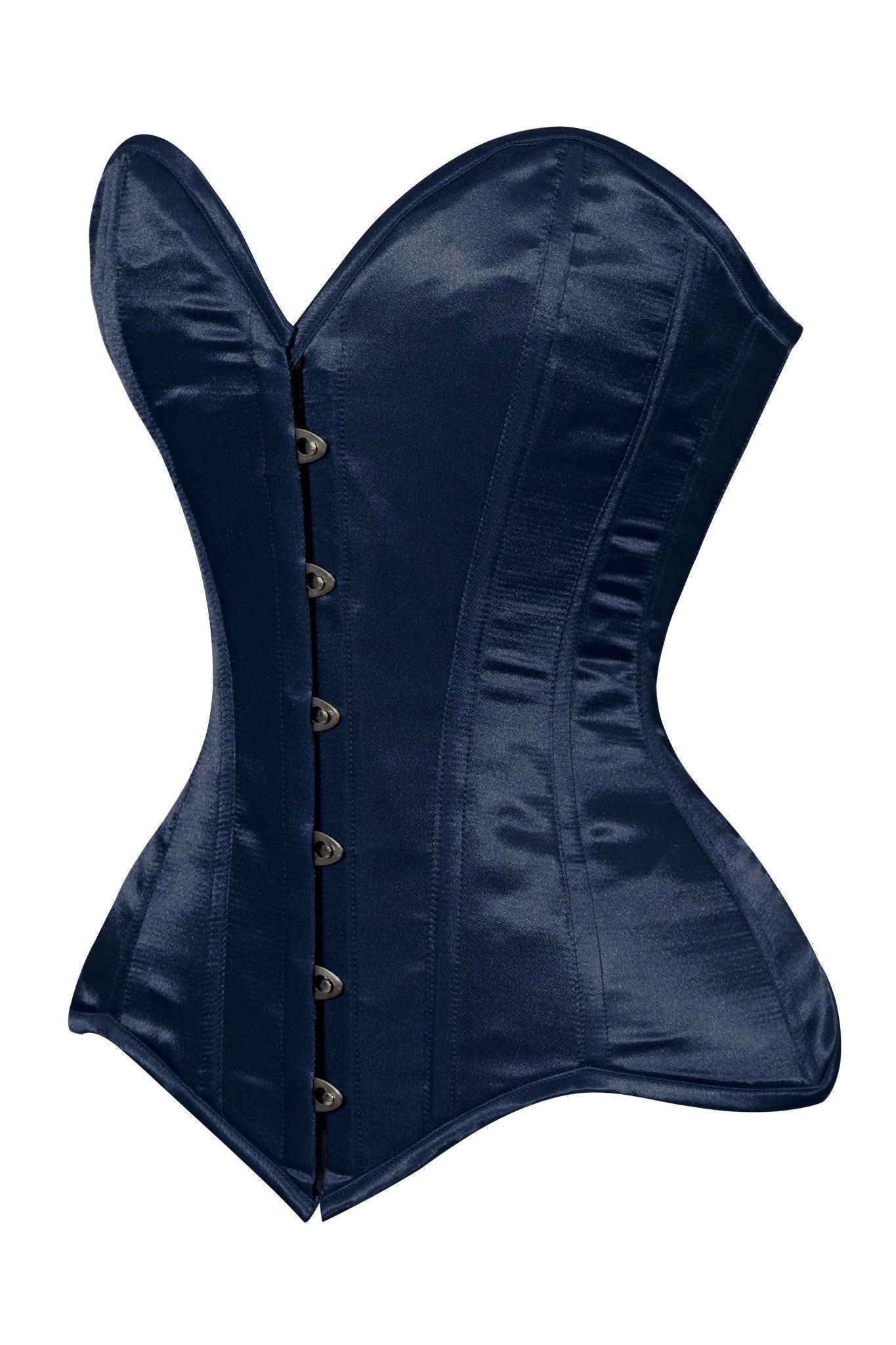 Lavish Navy Blue Satin Overbust Corset Sweetheart Neckline Busk Closure