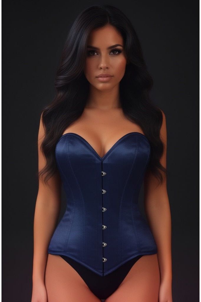 Lavish Navy Blue Satin Overbust Corset Sweetheart Neckline Busk Closure