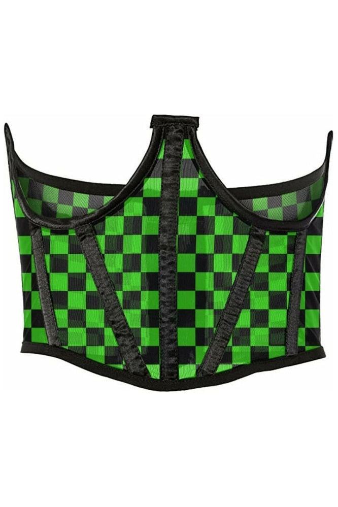 Lavish Neon Green/Black Checker Print Mesh Open Cup Waist Cincher