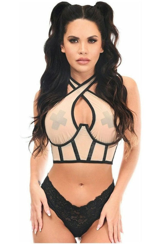 Lavish Nude Mesh Underwire Cincher w/Built In Halter Top