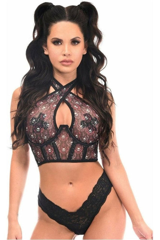 Lavish Pink & White Skull Mesh Underwire Cincher w/Built In Halter Top