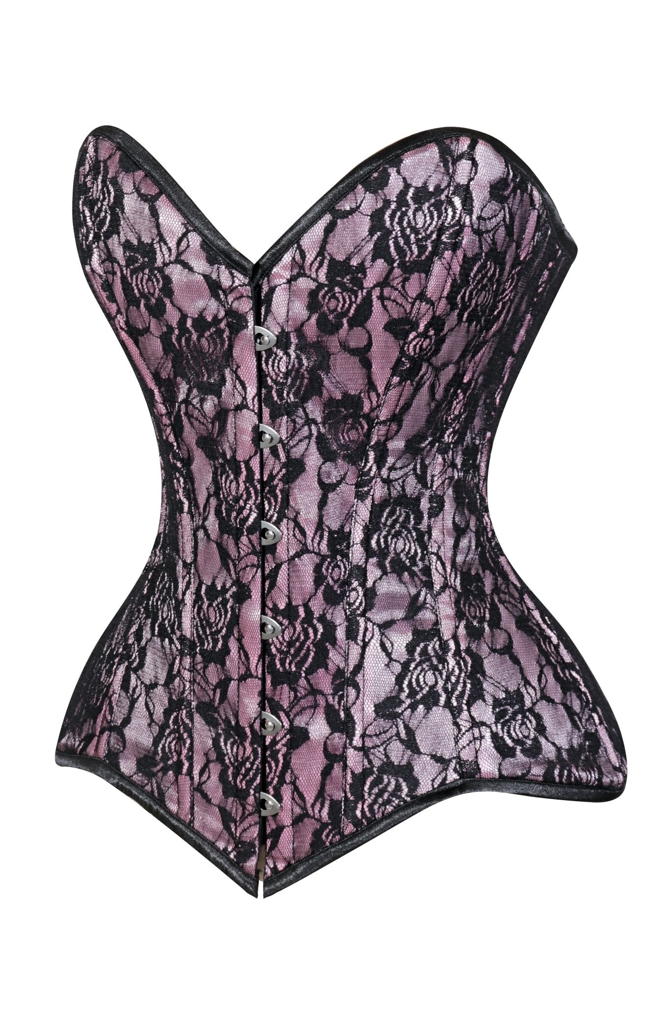 Lavish Pink/Black Lace Overbust Corset Sweetheart Neckline Busk Closure