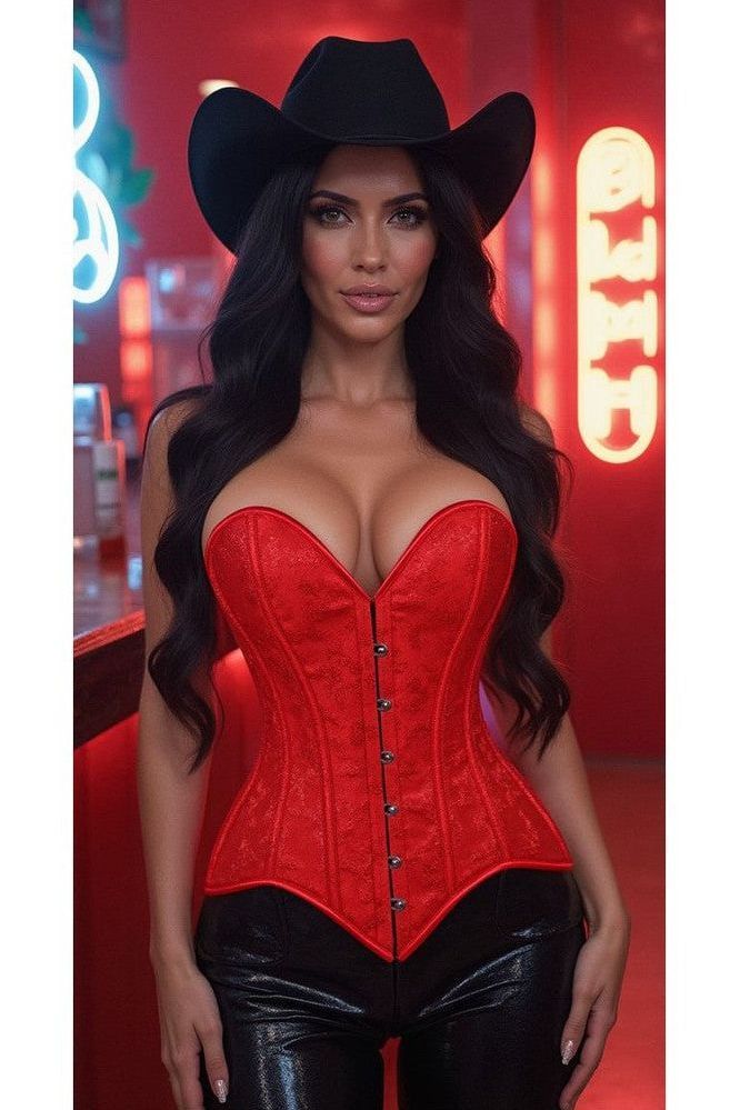 Lavish Red Brocade Overbust Corset W/Busk Closure