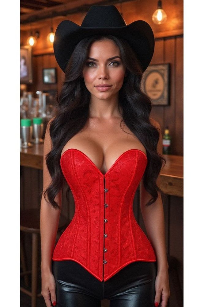 Lavish Red Brocade Overbust Corset W/Busk Closure