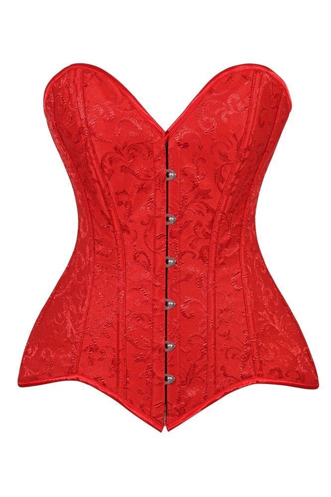 Lavish Red Brocade Overbust Corset W/Busk Closure