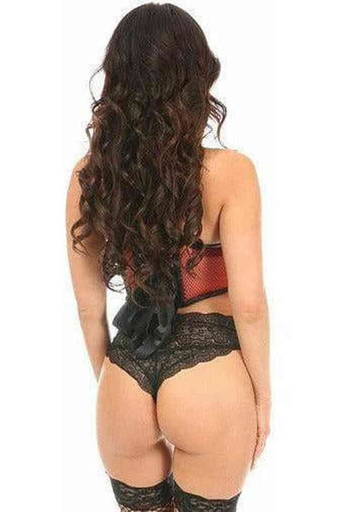 Lavish Red Fishnet & Faux Leather Lace-Up Short Bustier Top