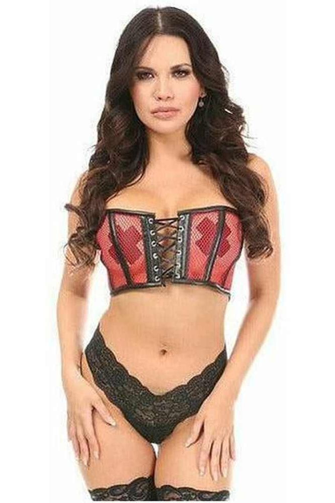 Lavish Red Fishnet & Faux Leather Lace-Up Short Bustier Top