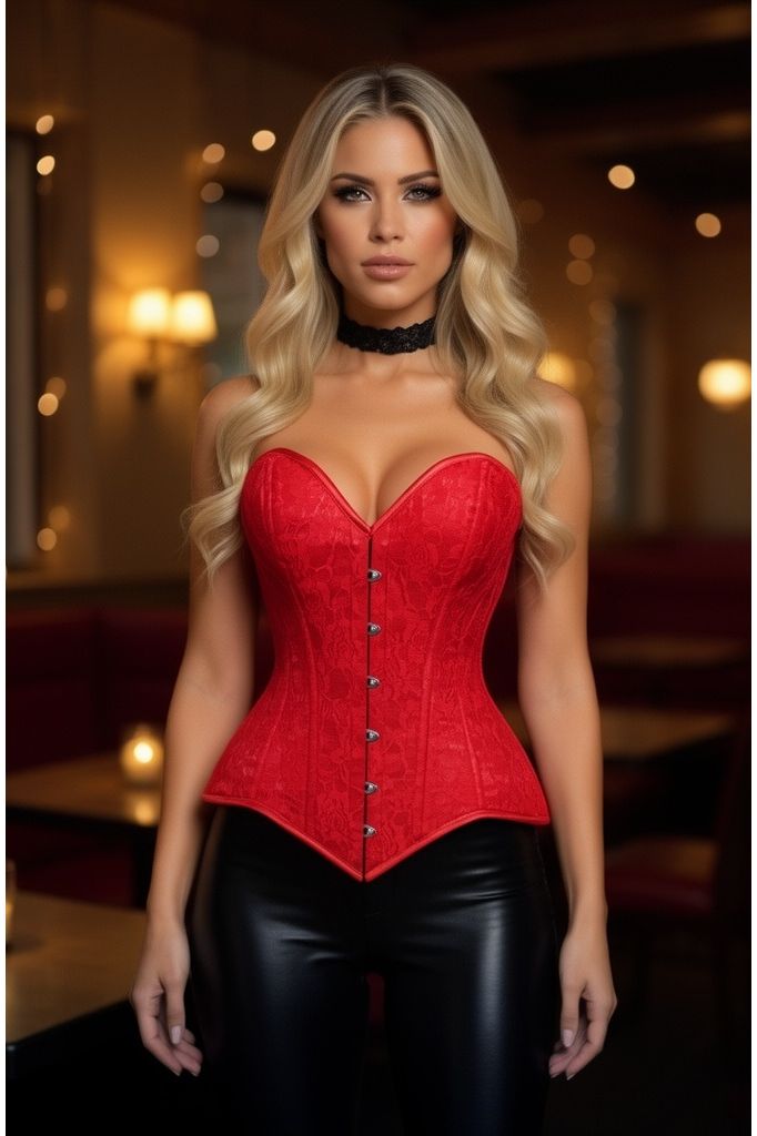 Lavish Red Lace Overbust Corset Sweetheart Neckline Busk Closure