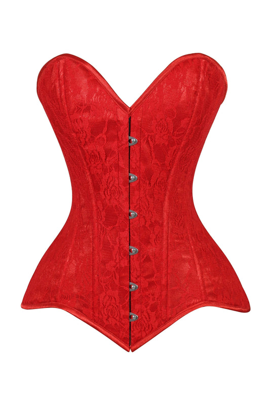 Lavish Red Lace Overbust Corset Sweetheart Neckline Busk Closure