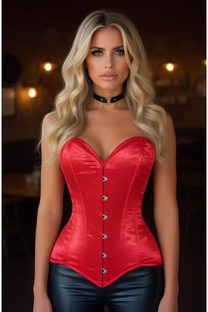 Lavish Red Satin Overbust Corset Sweetheart Neckline Busk Closure
