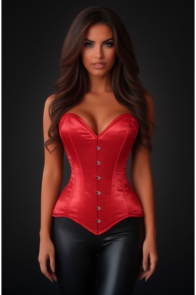 Lavish Red Satin Overbust Corset Sweetheart Neckline Busk Closure
