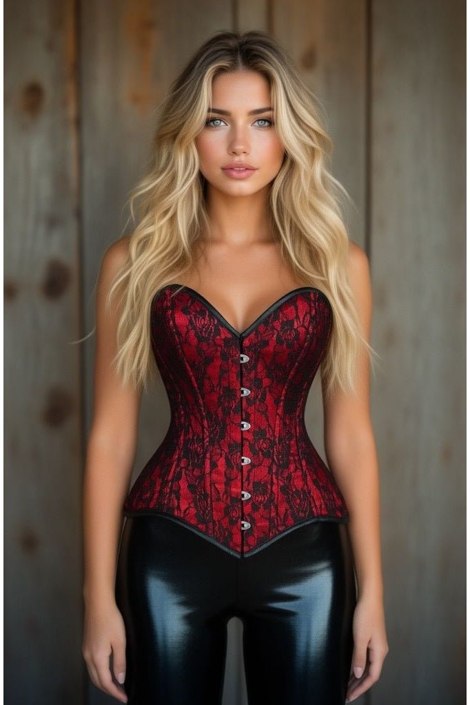 Lavish Red/Black Lace Overbust Corset Sweetheart Neckline Busk Closure