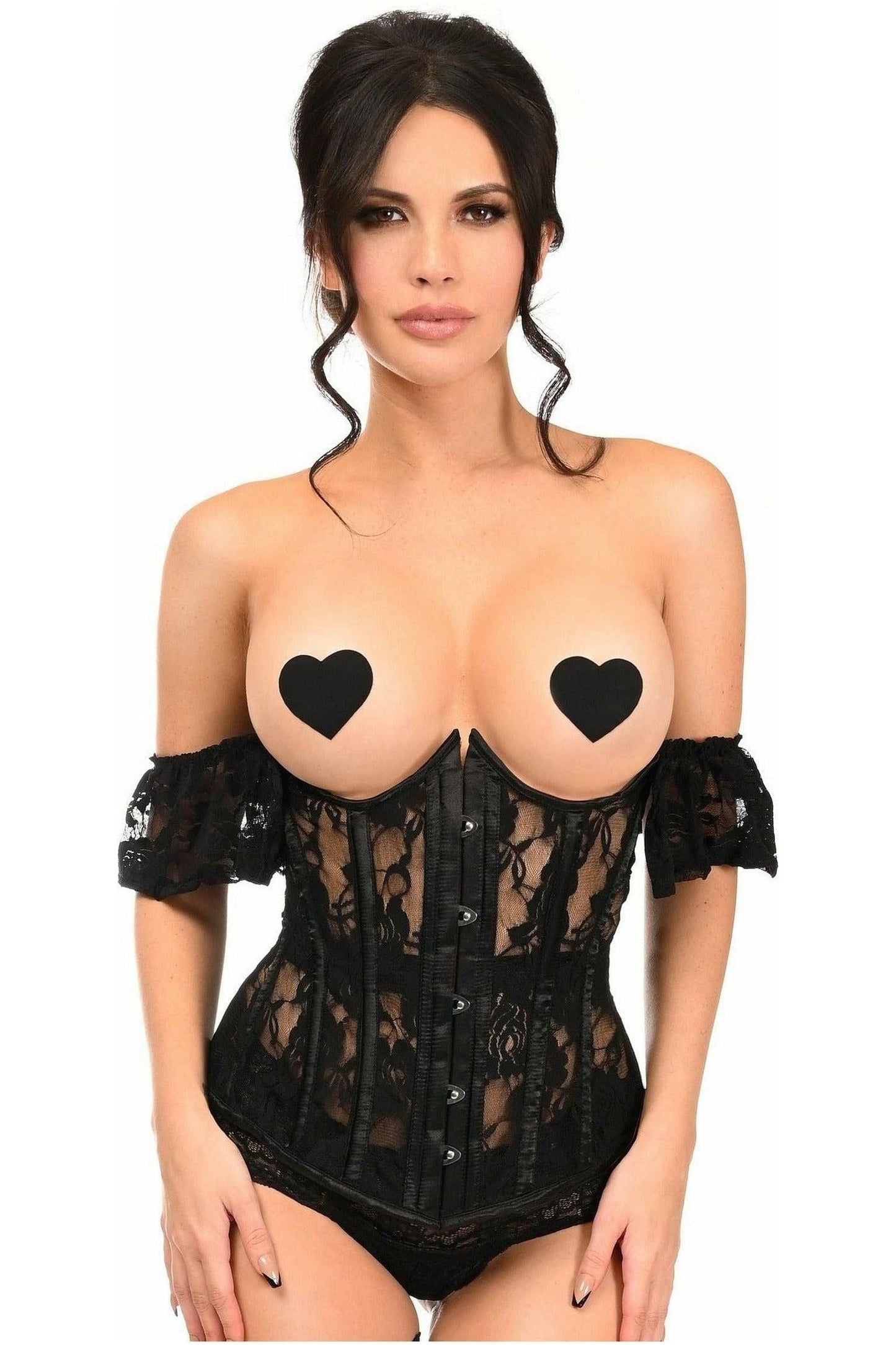 Lavish Sheer Black Lace Underbust Underwire Corset w/Ruffle Sleeve