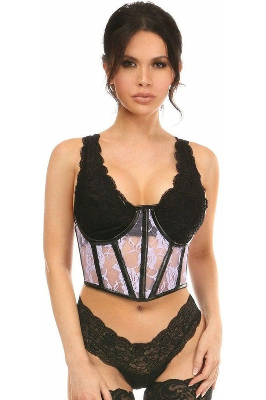 Lavish Sheer Lavender Lace & Faux Leather Open Cup Waist Cincher