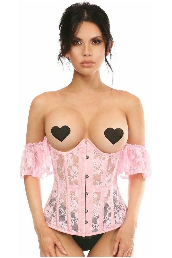 Lavish Sheer Lt Pink Lace Underbust Underwire Corset w/Ruffle Sleeve