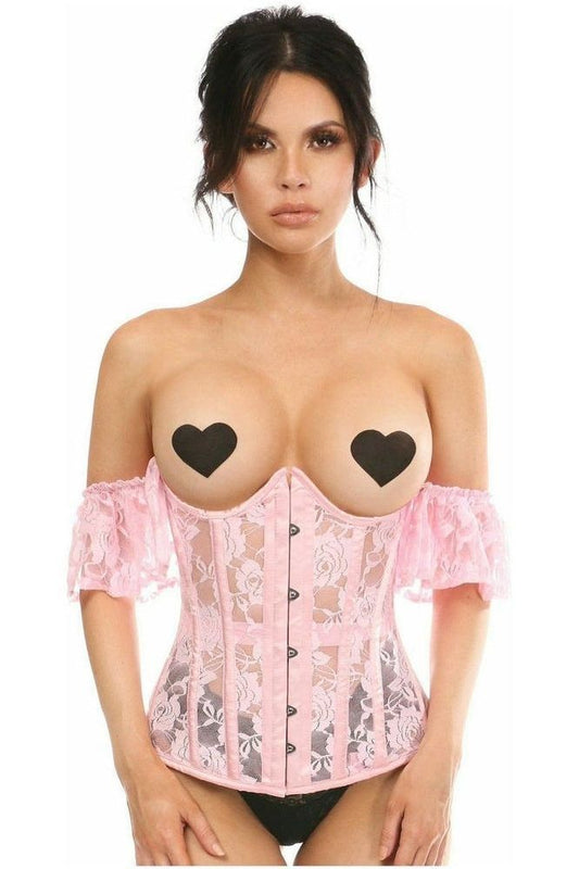 Lavish Sheer Lt Pink Lace Underbust Underwire Corset w/Ruffle Sleeve