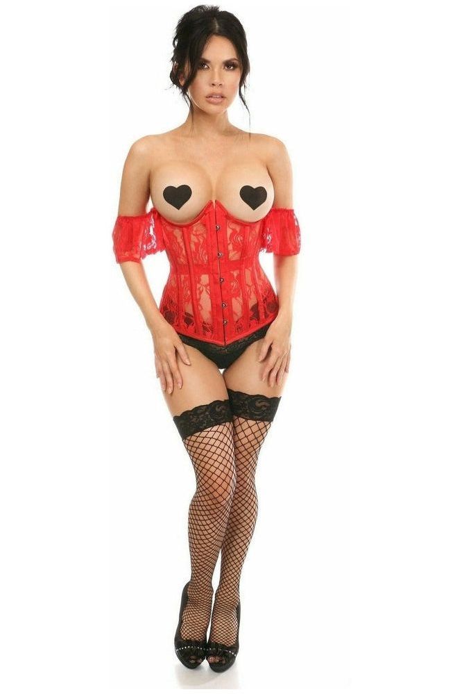 Lavish Sheer Red Lace Underbust Underwire Corset w/Ruffle Sleeve