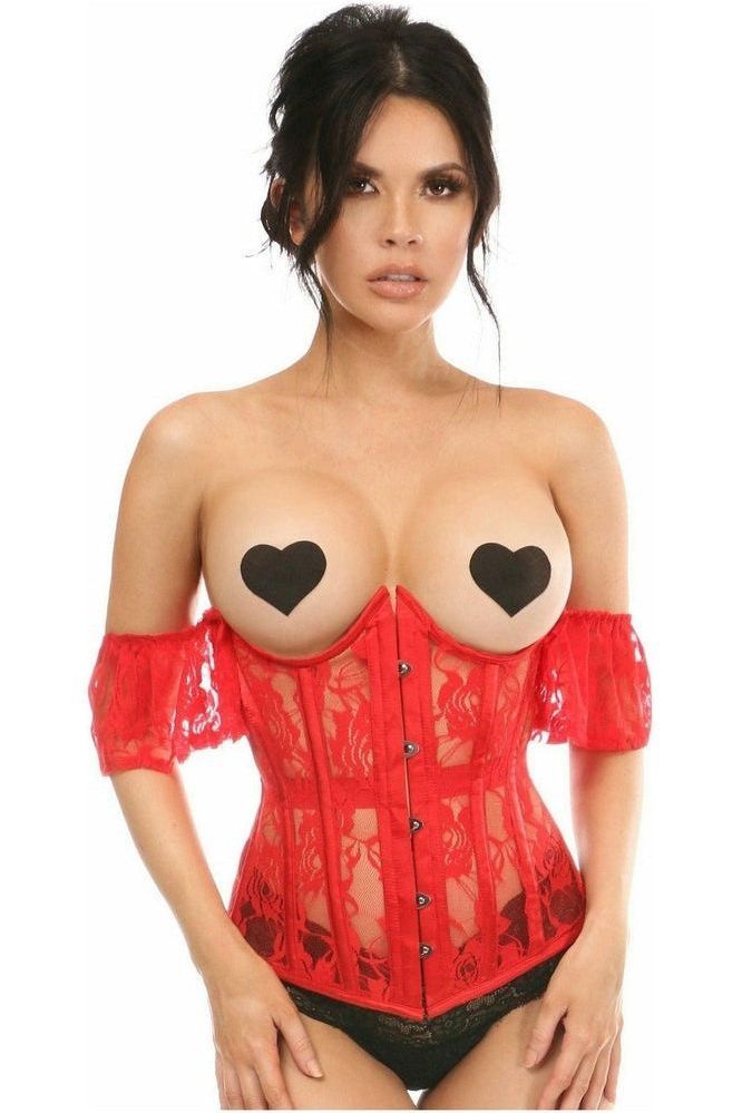 Lavish Sheer Red Lace Underbust Underwire Corset w/Ruffle Sleeve