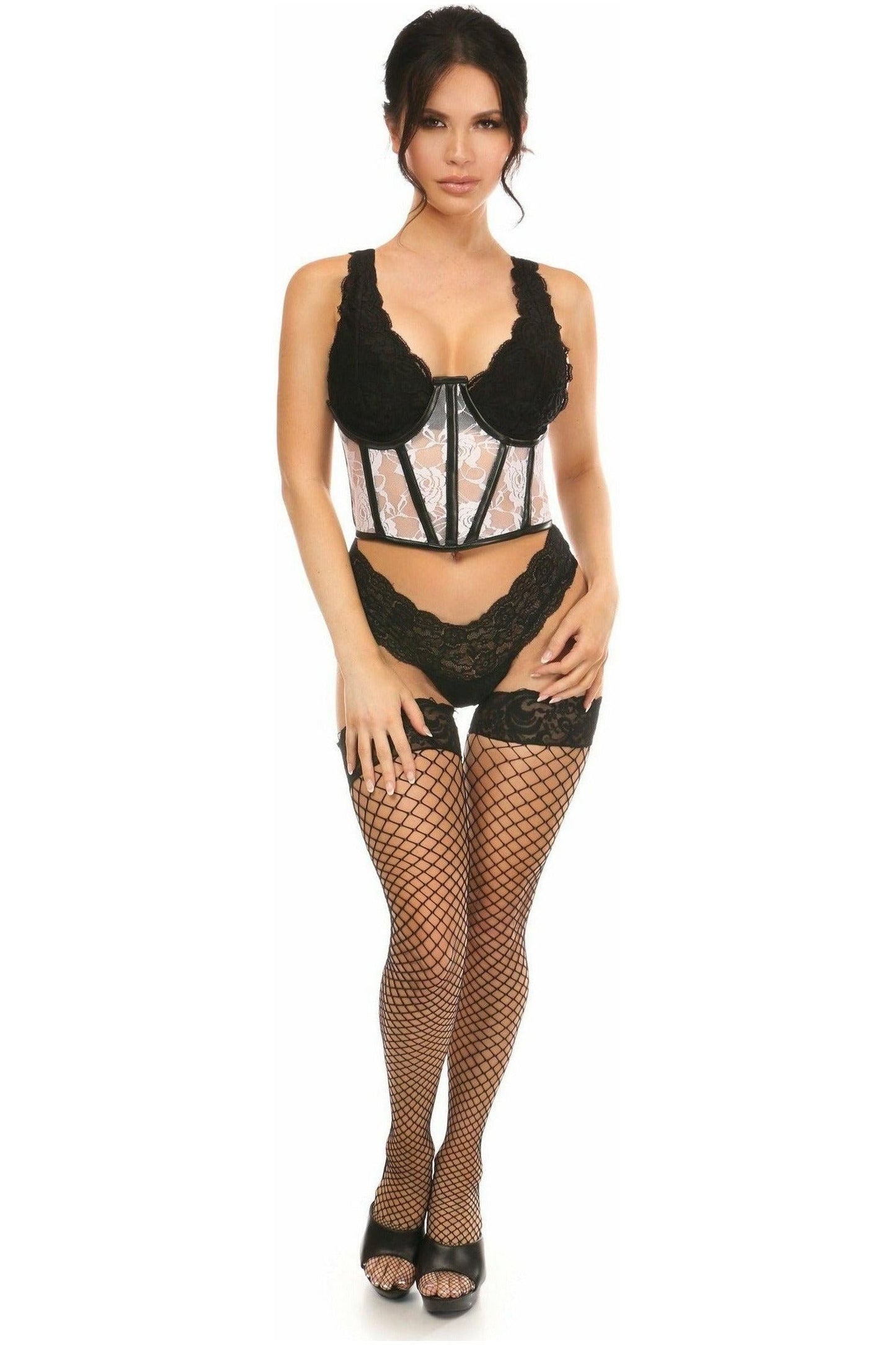Lavish Sheer White Lace & Faux Leather Open Cup Waist Cincher
