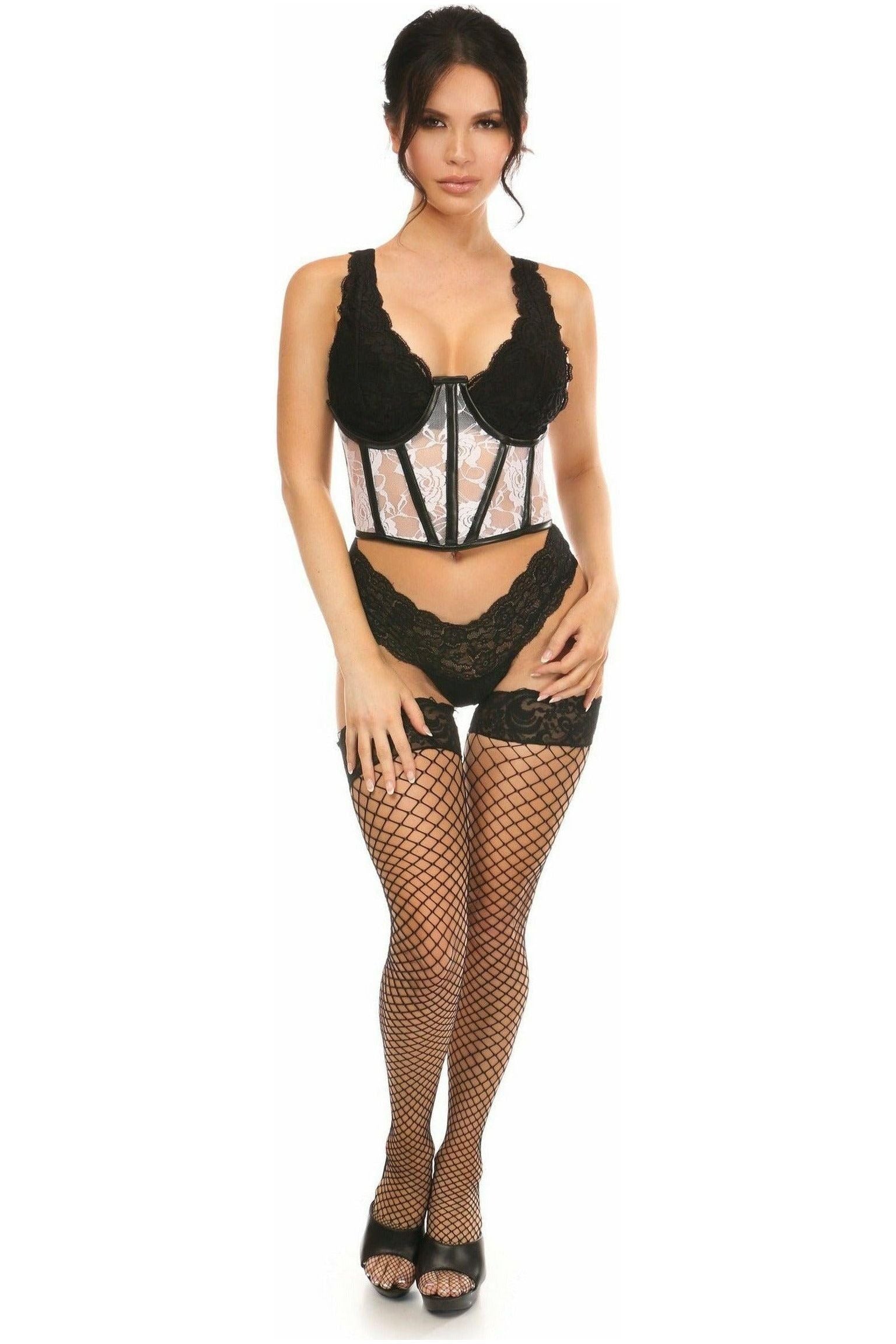 Lavish Sheer White Lace & Faux Leather Open Cup Waist Cincher