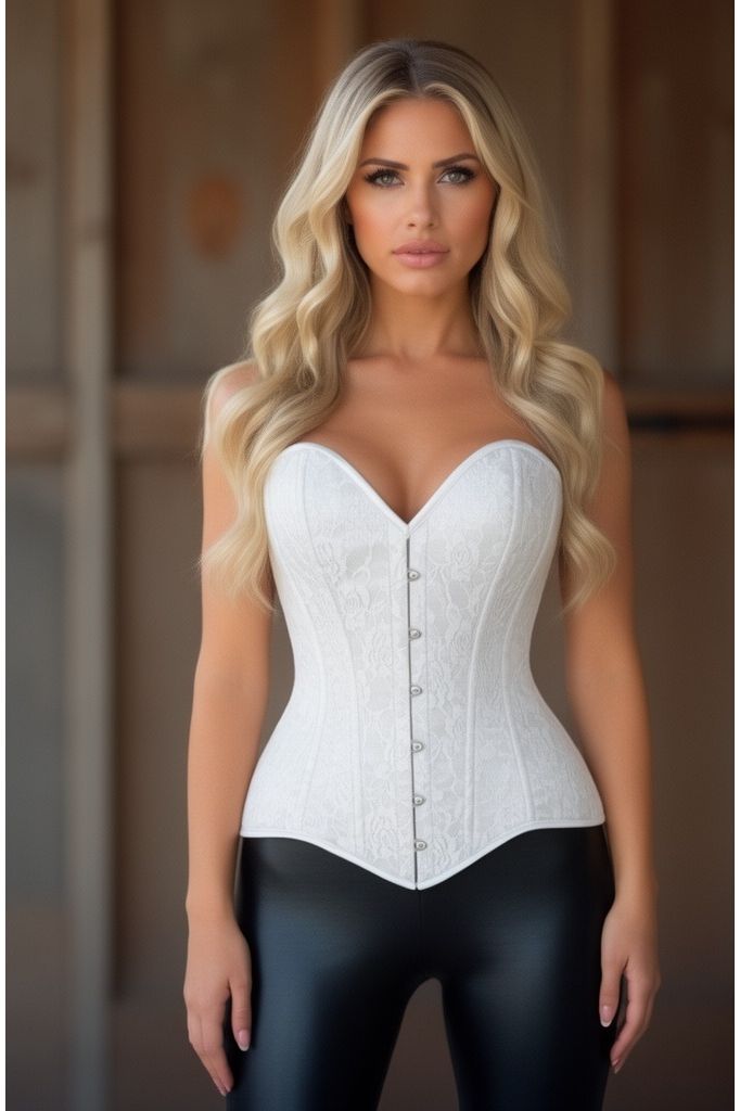 Lavish White Lace Overbust Corset Sweetheart Neckline Busk Closure
