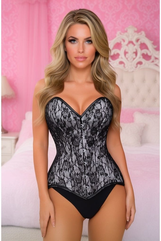 Lavish White/Black Lace Overbust Corset Sweetheart Neckline Busk Closure