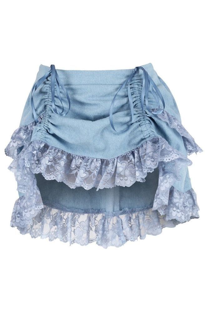 Light Blue Denim Ruched Bustle Skirt w/Lace
