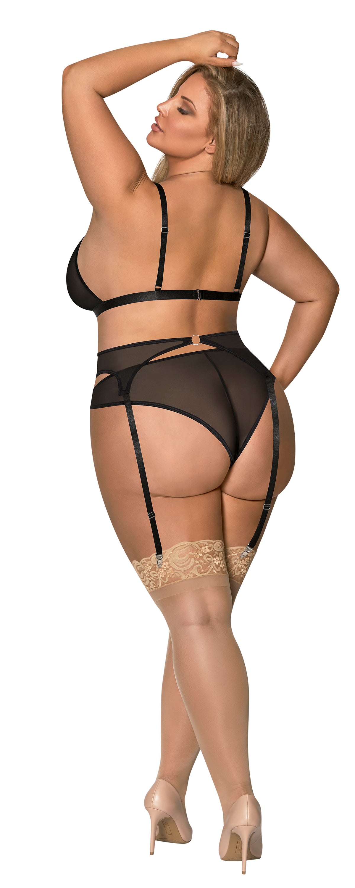 SASSY BRA GARTER & ROUCHED PANTY BLACK 2XL