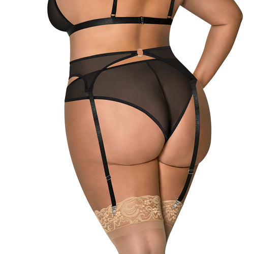 SASSY BRA GARTER & ROUCHED PANTY BLACK 2XL