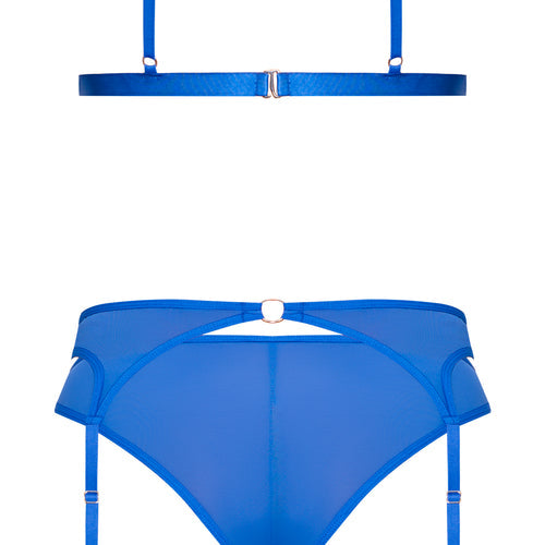 SASSY BRA GARTER & ROUCHED PANTY COBALT L/XL