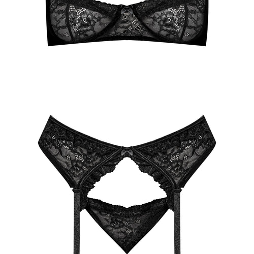 OOH LA LACE DEMI BRA GARTER & TANGA BLACK L/XL