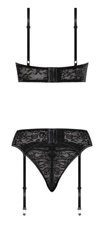 OOH LA LACE DEMI BRA GARTER & TANGA BLACK 2XL