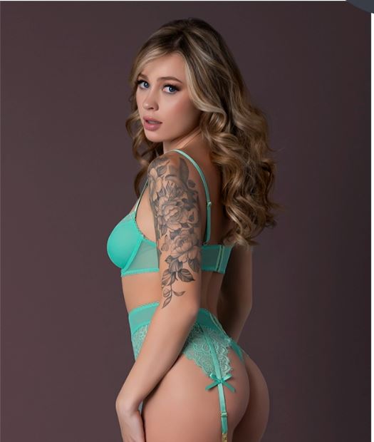 CARIBBEAN CRUSH BRA & GARTER THONG SET AQUA GLOW L/XL