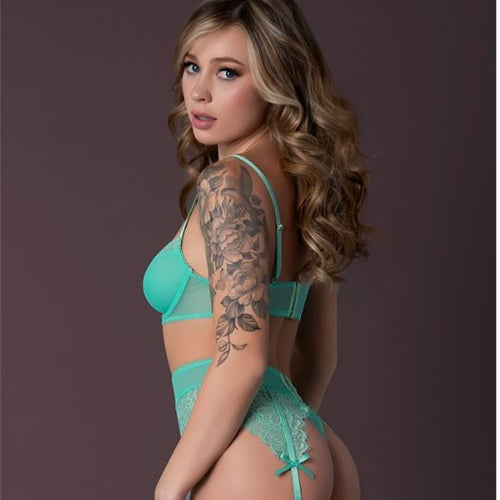 CARIBBEAN CRUSH BRA & GARTER THONG SET AQUA GLOW S/M
