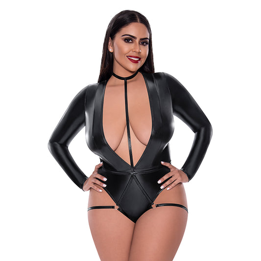 Magic Silk Liquid Onyx Long Sleeve Teddy with Harness Caging Black Queen-Pinkfoxxx