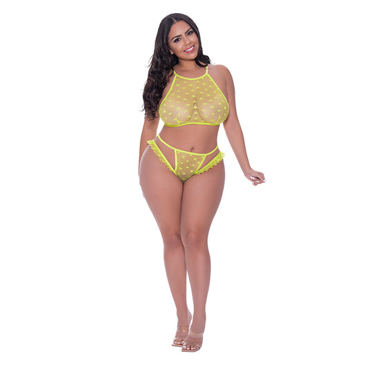 Magic Silk Love Star Halter Crop Bra & Cheeky Panty Set Neon Chartreuse Queen Size-Pinkfoxxx