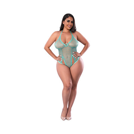 Magic Silk Soft Petals Cut Out Teddy with Snap Crotch Aqua Queen Size-Pinkfoxxx