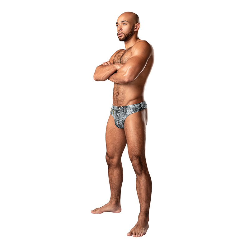Male Power Dirty Denim Thong Denim Print S/M-Pinkfoxxx