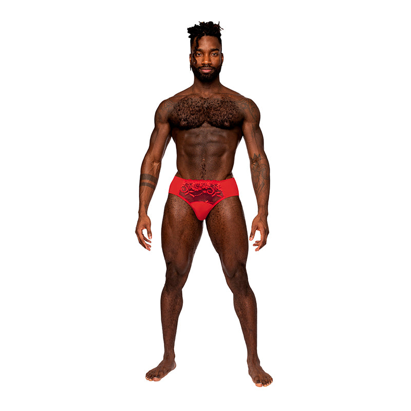 Male Power Sassy Lace Bikini Solid Pouch Red M-Pinkfoxxx
