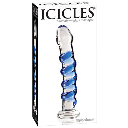 Pipedream Icicles No. 5 Curved Ribbed 7 in. Glass Dildo Blue/Clear - Pinkfoxxx